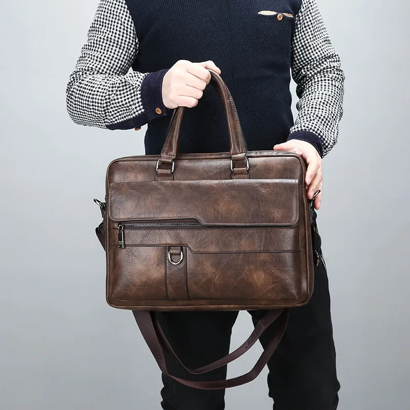 Briefcase Bag Laptop Computer Case PU Leather Crossbody Shoulder Bag For Men