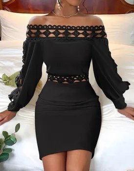 Women's long-sleeved autumn dresses with wraps on the hips Empty party dress patchwork in black lace High waist tight dress with boat neck 1