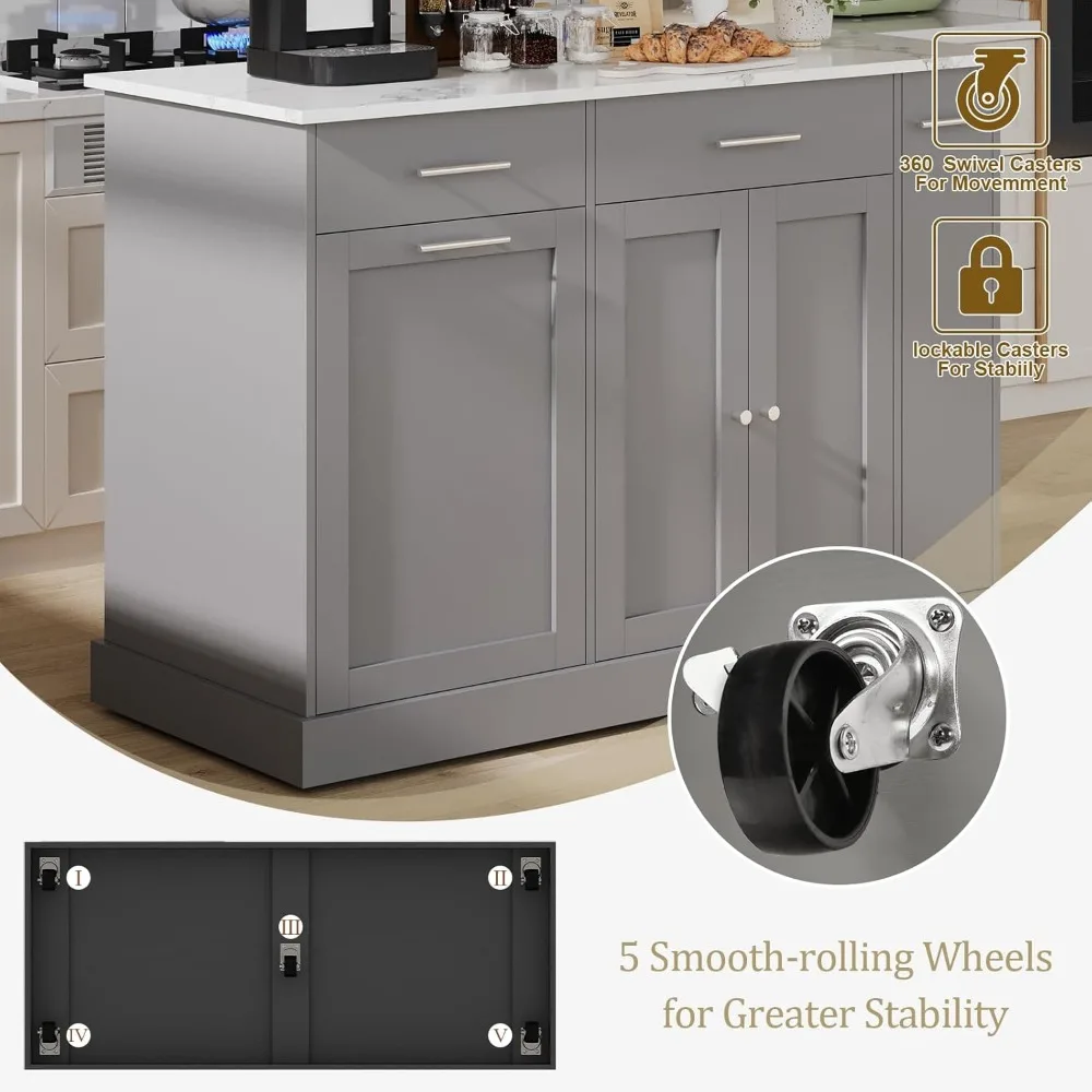 Kitchen Island with Trash Can Storage, 52" Rolling Kitchen Island on Wheels with Marble Countertop & Pull Out Spice Rack 5
