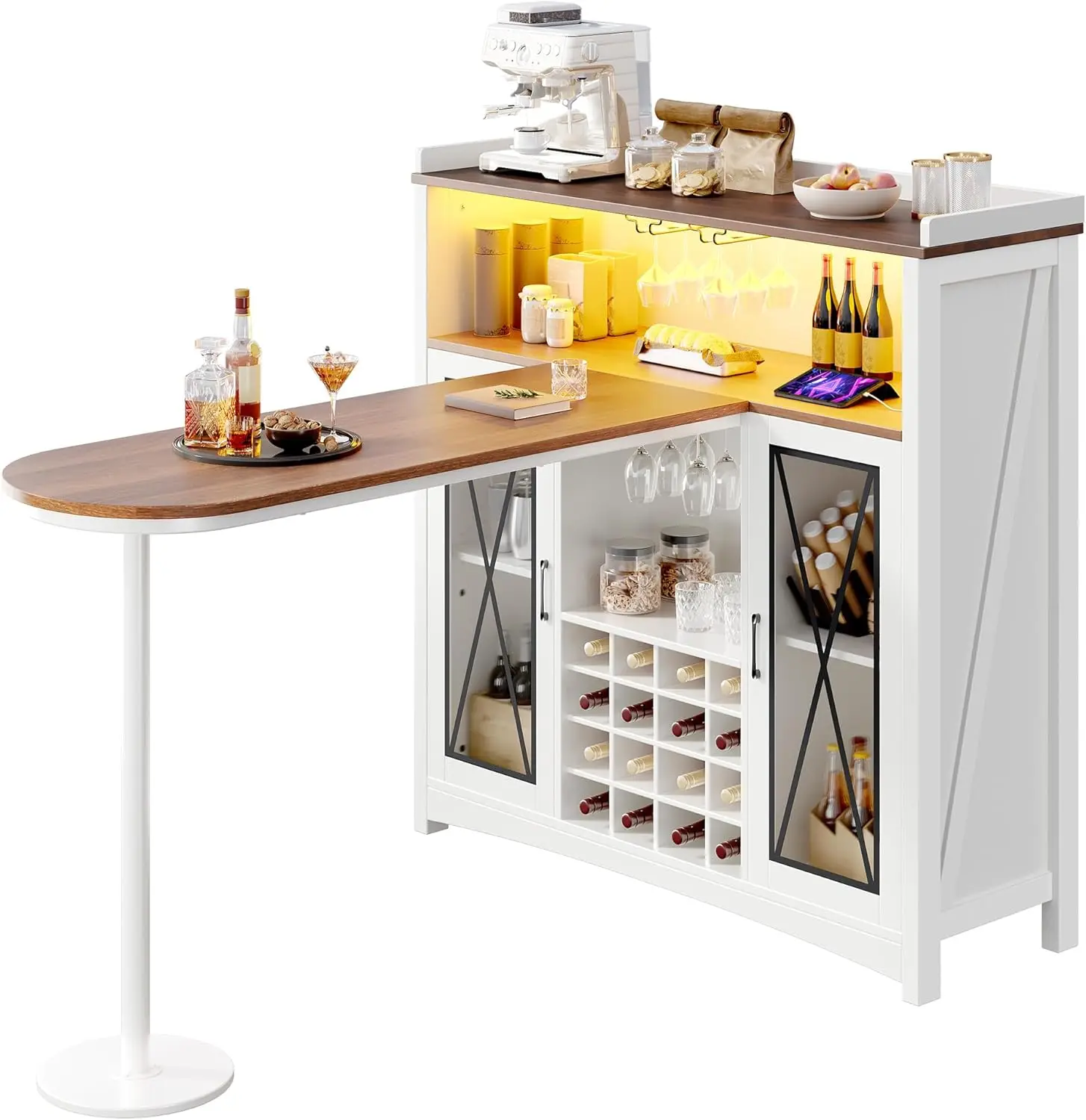 47" Coffee Bar Station w/Bar Table, Wine Racks and Glass Holders, Clear Barn Door, Wood Kitchen Buffet Cabinet w/Storage