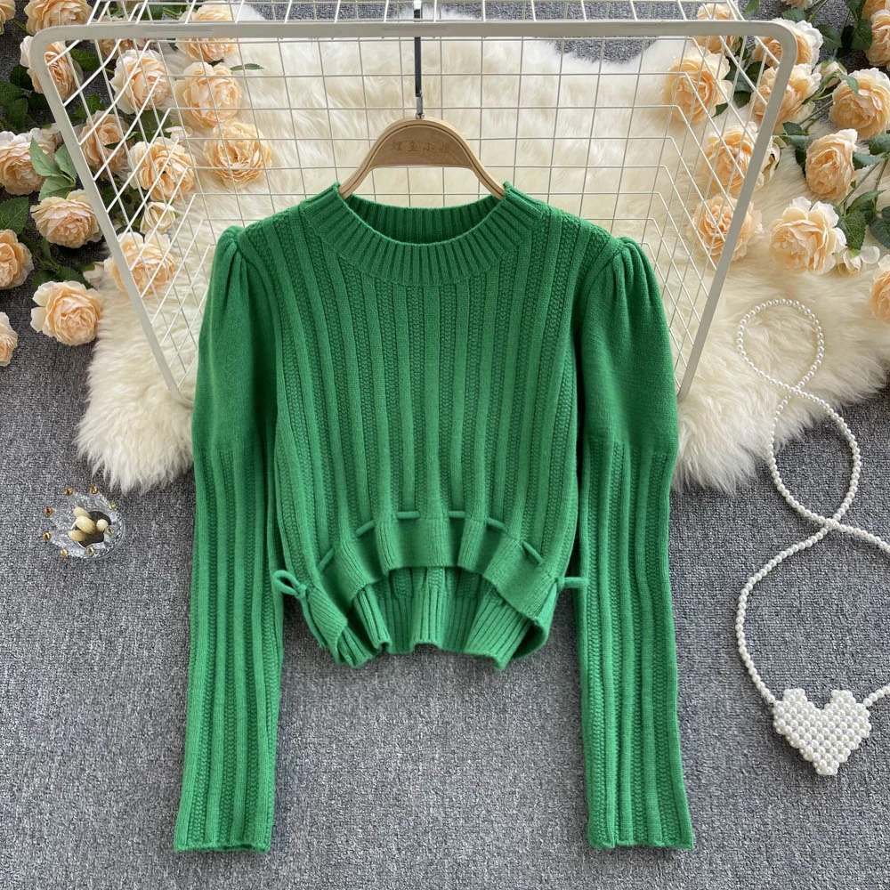 

Design Sense Pit Strip Niche Drawstring Waist Thin Short Section of a Hundred with Age Reduction Bubble Sleeve Knit Sweater