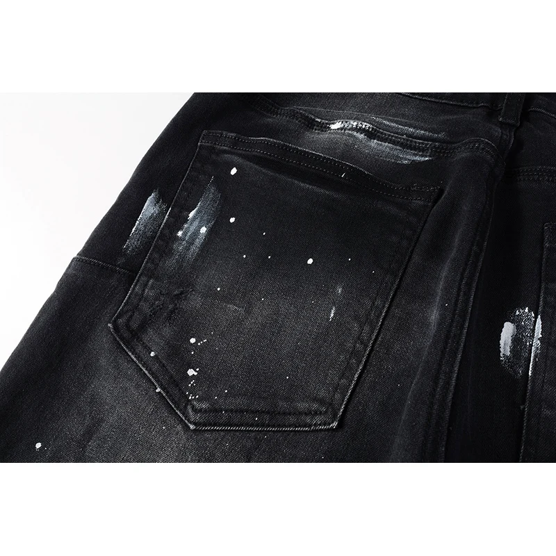 Ripped jeans Ripped patchwork jeans American Fashion Style High Street Black Distressed Damaged Holes Skinny Graffiti Ripped Jeans