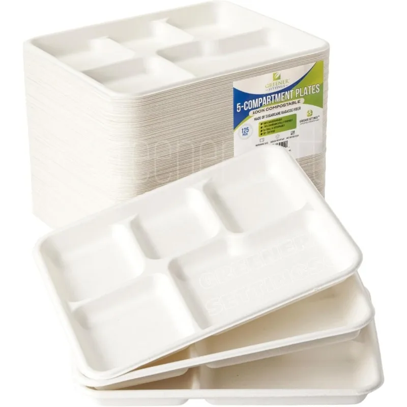 Compostable 5 Compartment Plates-Eco-Friendly, Disposable Sugarcane Trays 10.5 x 8.5 in. (125 Pack)