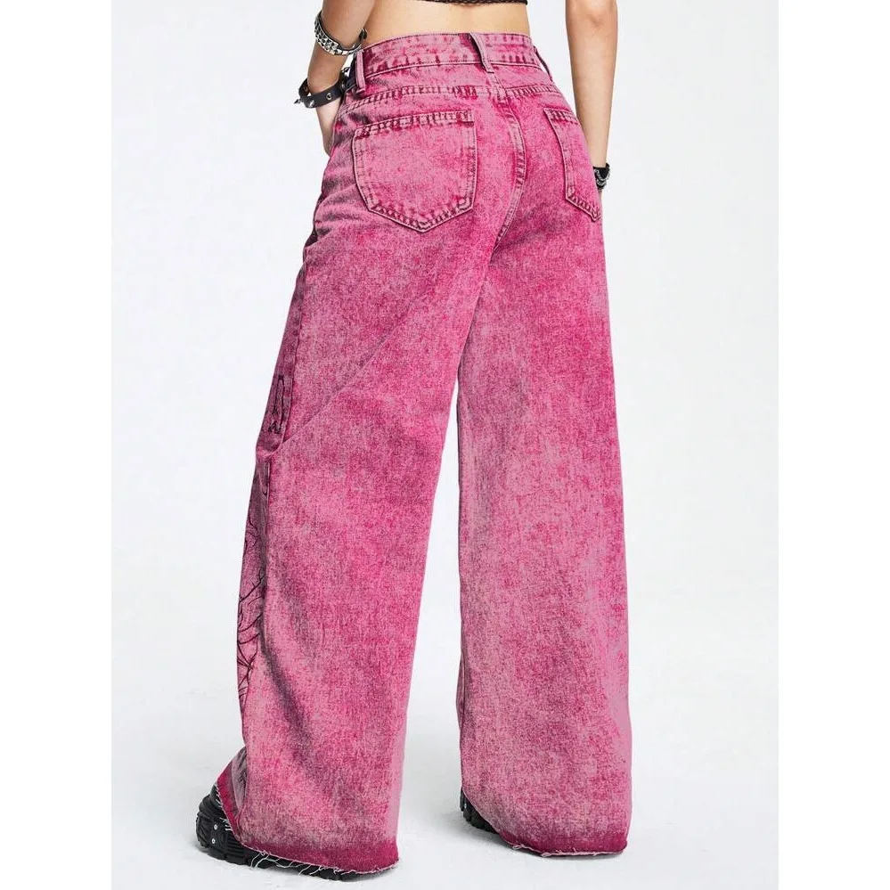 Pink Y2K Grunge Baggy Jeans Vintage Gothic Graffiti Skull Print 3D Lettering High Waist Wide Leg Pants Punk Fashion Streetwear
