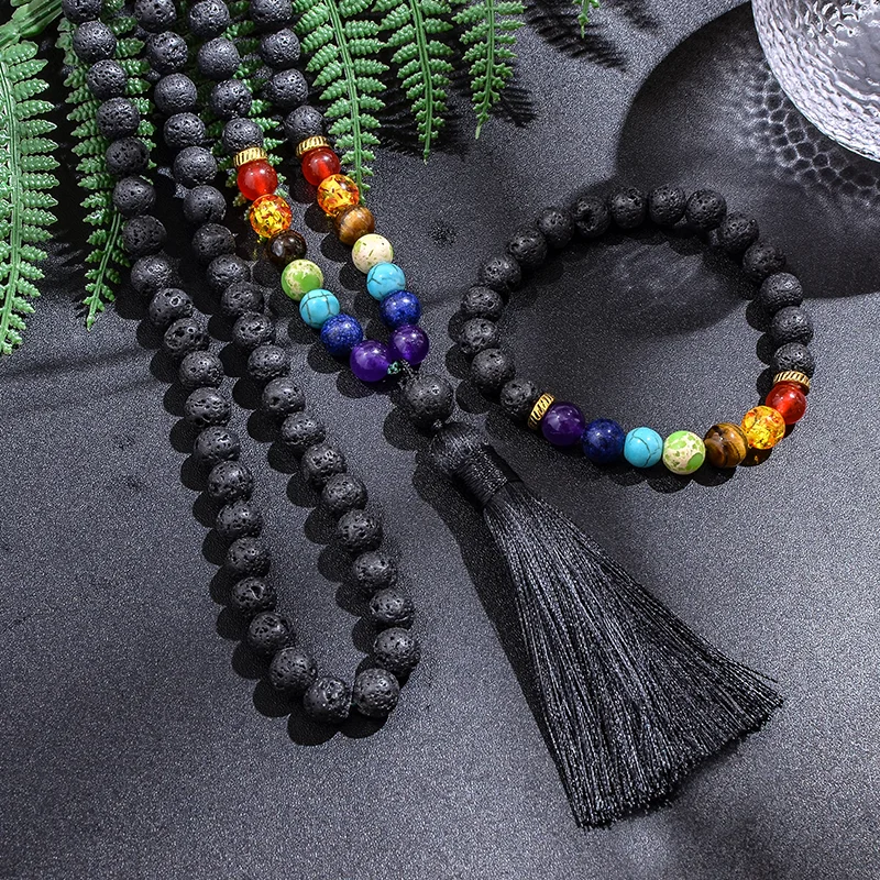 Mala 108 Perle In Pietra Lavica Nera 8mm Con Ciondolo Buddha | Rosario Yoga Meditazione Unisex
