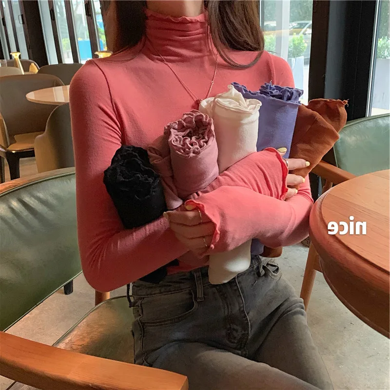 Spring Autumn Turtleneck T-shirt Women All-Match Top Shirt Soft Comfortable Inner Top Casual Long Sleeve T-shirt Office Wear 3