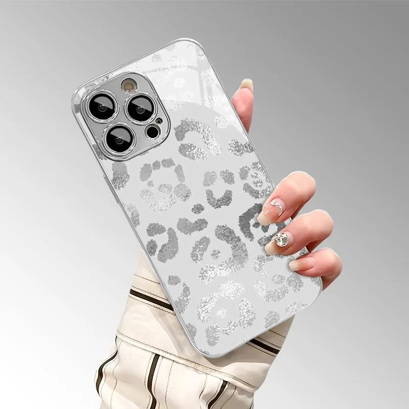 Electroplated Silver Grey Leopard Print Glass Phone Case
