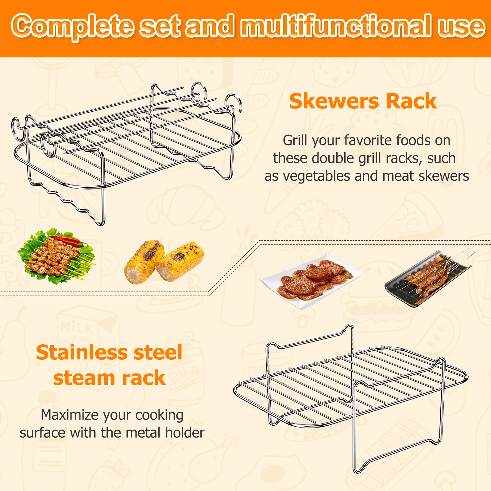 2Pcs Air Fryer Rack with 4 Barbecue Sticks for Double Basket Air Fryers 304 Stainless Steel Grilling Rack Air Fryer Accessories