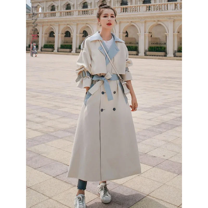 

Sandro Rivers Women Long Trench Stitching Color Lapel Double Breasted Belt Coat Female Fashion Streetwear Clothing 2023 Spring 2