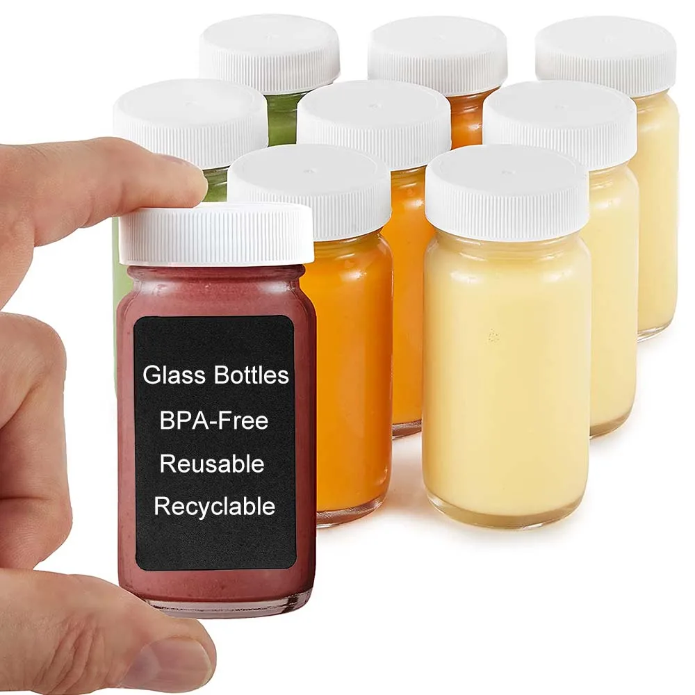 2Oz Glass Shot Bottles with Caps Juice Wellness Ginger Shots Bottle  Dishwasher Safe Mini Jars Lids Small Juicing Containers