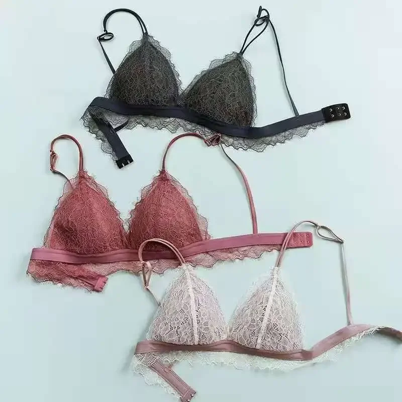 

Lace Bra Set Sexy No Steel Ring French Small Breast Thin Triangle Cup Girls Underwear Gathering Bra Set Brief Sets