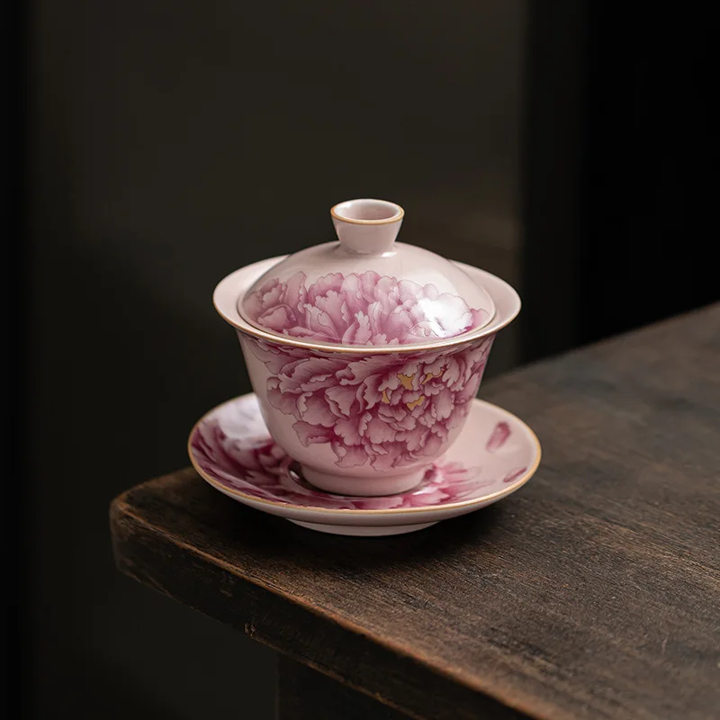 Peony Ru Yao Porcelain Gaiwan Set For Tea Tureen Teaware Cup Chinese Pink Ceramic Opening Tea Bowls Chawan Ceramony Lily