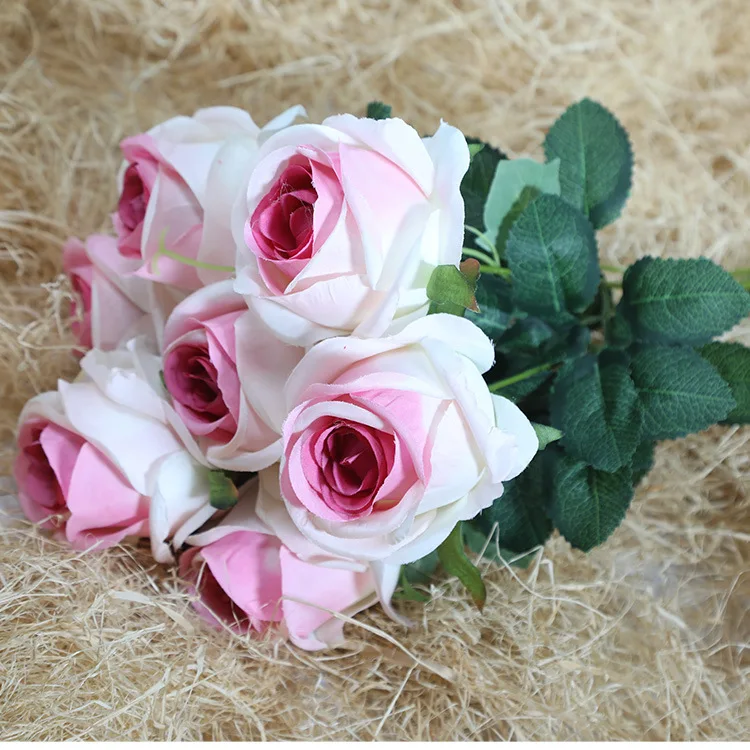 

Artificial Silk Flower Bouquet Simulation Pink Rose Wedding Bride Holding Flowers Photography Props Family Party Garden Decor