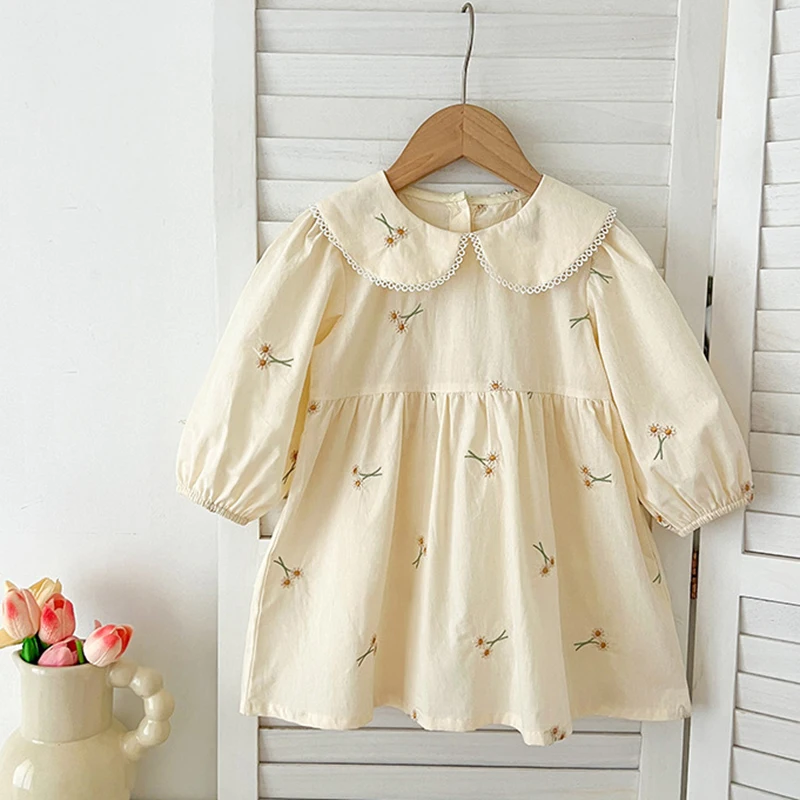 Sisters Clothes Infant Baby Girls Lace Collar Dress Rompers Kids Girls Embroider Flower Princess Dress Family Clothes Rompers 4