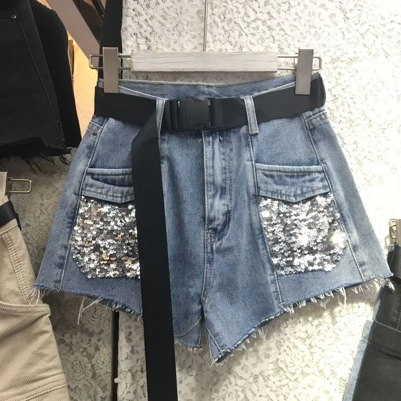 Women High Waist Zipper Pockets Straight Jeans Women Short Fashion Streetwear Harajuku Sexy Shorts Female Sequins Denim Shorts
