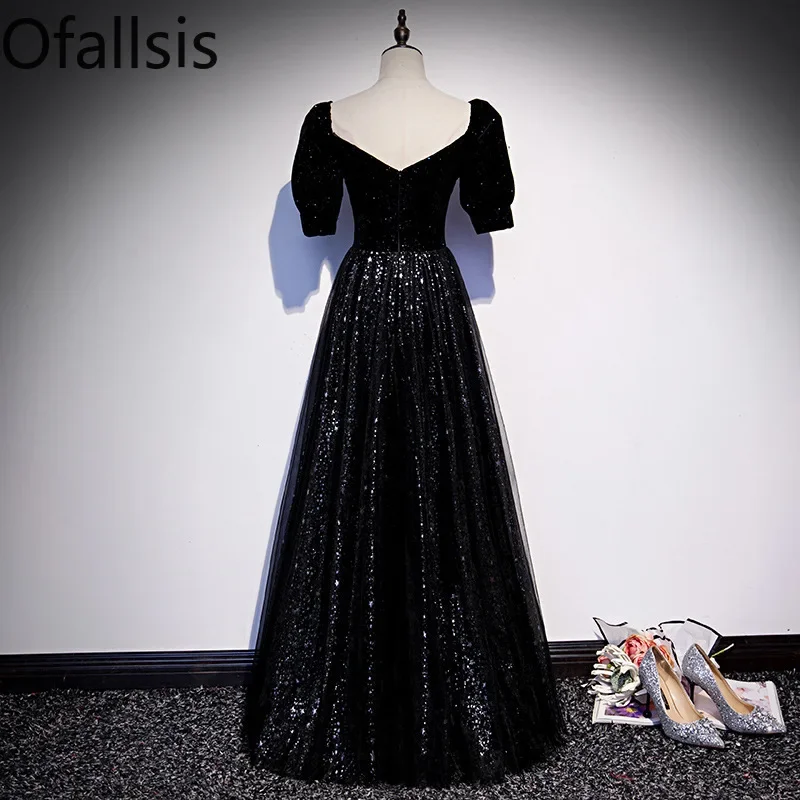 

Ofallsis Starry Sky Black Square Neck Evening Dress 2023 Summer Women's Banquet Temperament Long Heart Neck Art Exam Dresses