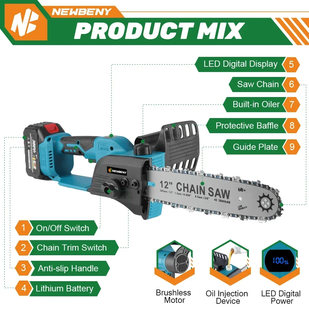 2000W 12 Inch Cordless Brushless Electric Chainsaw 18000RPM  Rechargeable Garden Wood Cutting Logging Saw For Makita 18V Battery 2