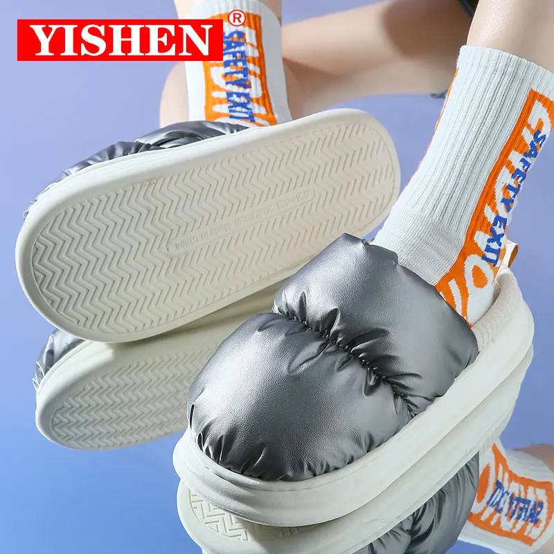 YISHEN Slippers Women Couple Shoes Down Cloth Cotton Shoe Warm Plush Slippers Indoor Winter Waterproof Platform Zapatillas Mujer
