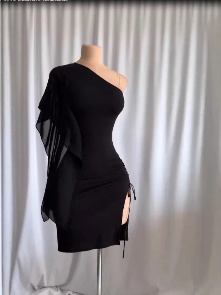 Spring and Summer Women's Slanted Neck Off-the-Shoulder Dress New Fashion Long Sleeve Ruffled Drawstring Sexy Short Skirt