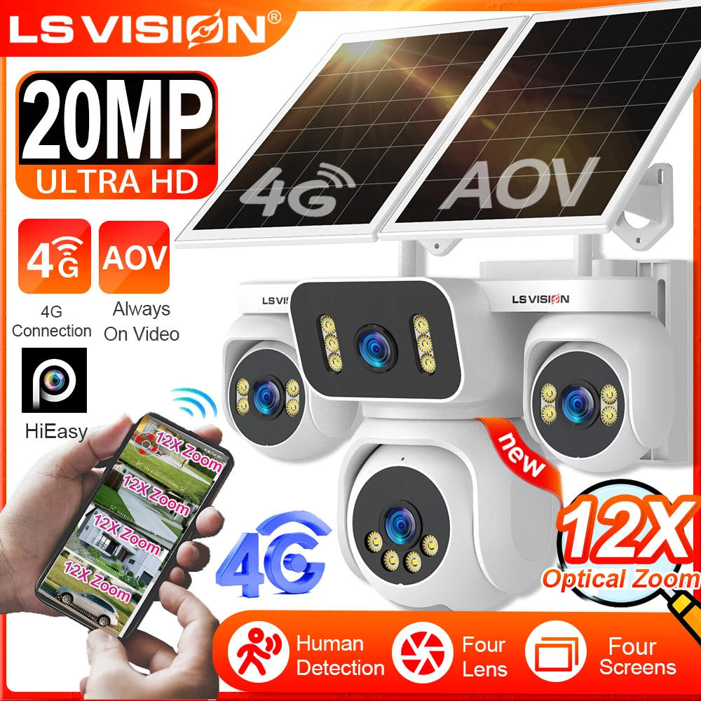 AOV 4G LTE Solar Camera 20MP Four Lens 12X Zoom Outdoor Security Camera 24/7 AOV Recording Auto Tracking Human Motion
