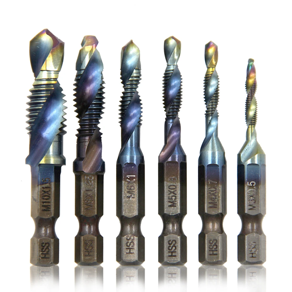 Hexagon Shank Blue Short Composite Tap 6pc Drilling and Tapping Integrated Tap Machine Hole Chamfering Tool Set drill bit set,drill and tap set,drill bits,drill bit