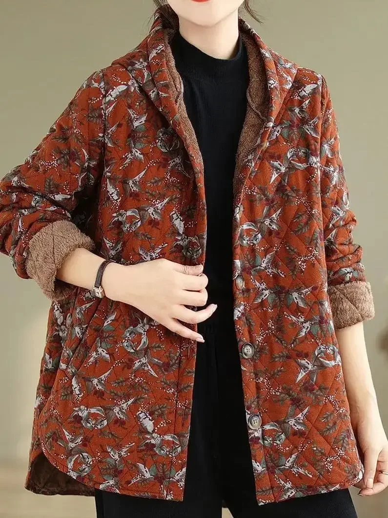 

Autumn Winter New Women Floral Hooded Long-sleeved Single Breasted Coat Loose Vintage Casual Keep Warm Female Cotton Jacket