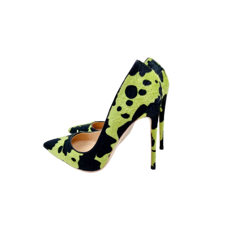 Green Black Plush Pointed High Heels Stiletto