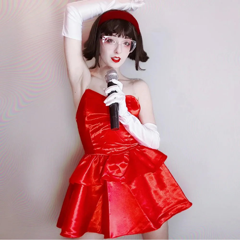 Perfect Blue Mima Cosplay Costume Red Strapless Tube Dress with Headband  with Thigh-High Stockings and Gloves - AliExpress