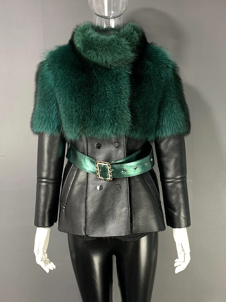 

Rf23126 Women's Whole Leather Natural Raccoon Fur Coat with PU Leather