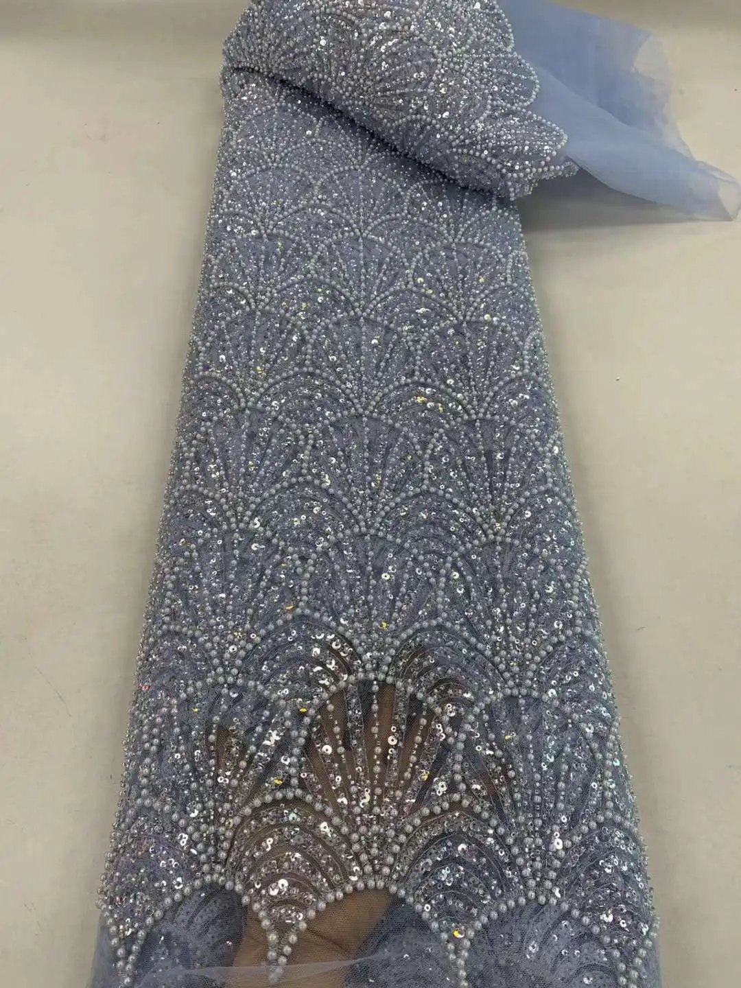 Fashion Long Tube Rice Bead French Embroidery Mesh Lace Fabric for Evening Party Dress African Women Wedding Outfit Material ZX