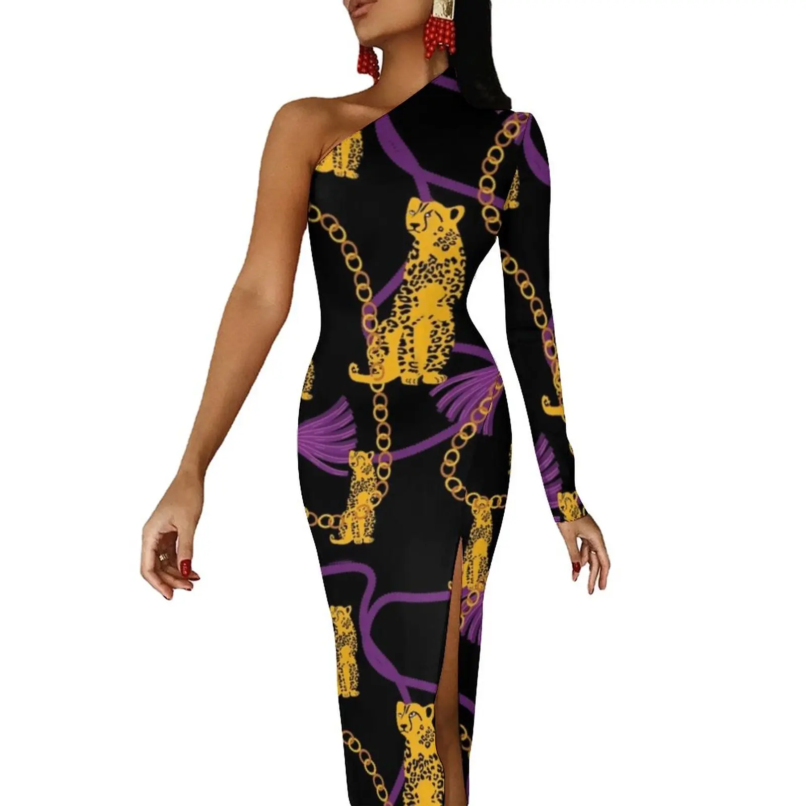 

Gold Chains Print Bodycon Dress Abstract Leopards Elegant Maxi Dress One Shoulder Street Wear Custom Dresses Birthday Present