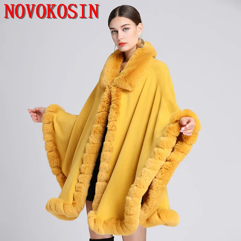 11 Colors Big Pendulum Cardigan Hollow Out Loose Streetwear Winter Cashmere Thick Shawl Coat Women Faux Rabbit Fur Poncho Cape