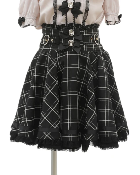 Japanese Mine Mass-Produced Ribbon Bow Rhinestone Pearl Buckle Skirt Summer Fashion High Waist Slim A- Line Mini Skirts Women