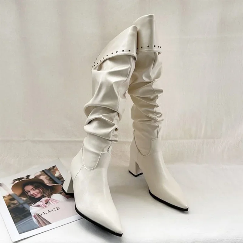 Knee High Women Boots Pointed Toe High Heels Sexy Shoes Winter Luxury Chunky Leather Shoes Chelsea Boots Elegant Pumps De Mujer
