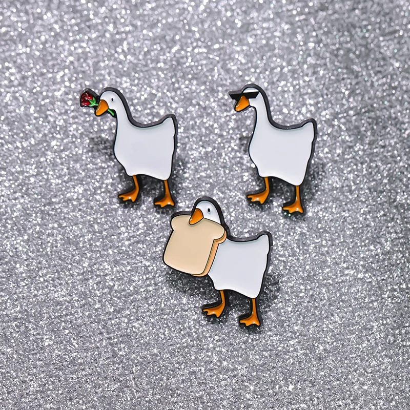 Animal Duck Goose Enamel Pin Rose Bread in His Mouth Brooch Cartoon Badge Backpack Women Men Lapel Friends Jewelry