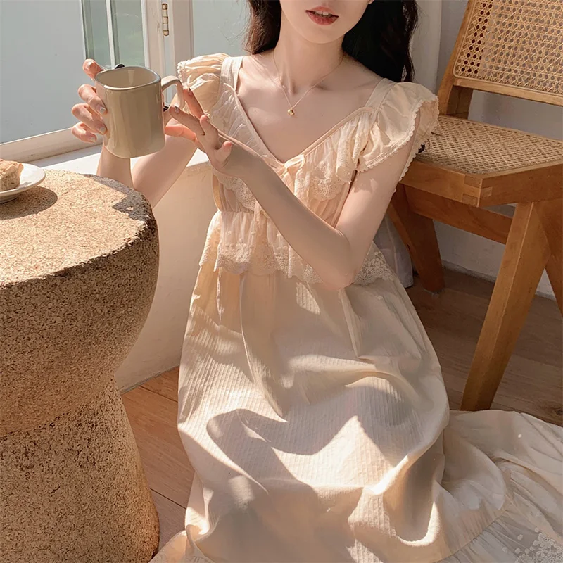 Lace Solid Sweet Summer Sleeveless NightDress Women Korean Style Sleep Tops Home  Kawaii Princess Elegant Casual  Loose Ins
