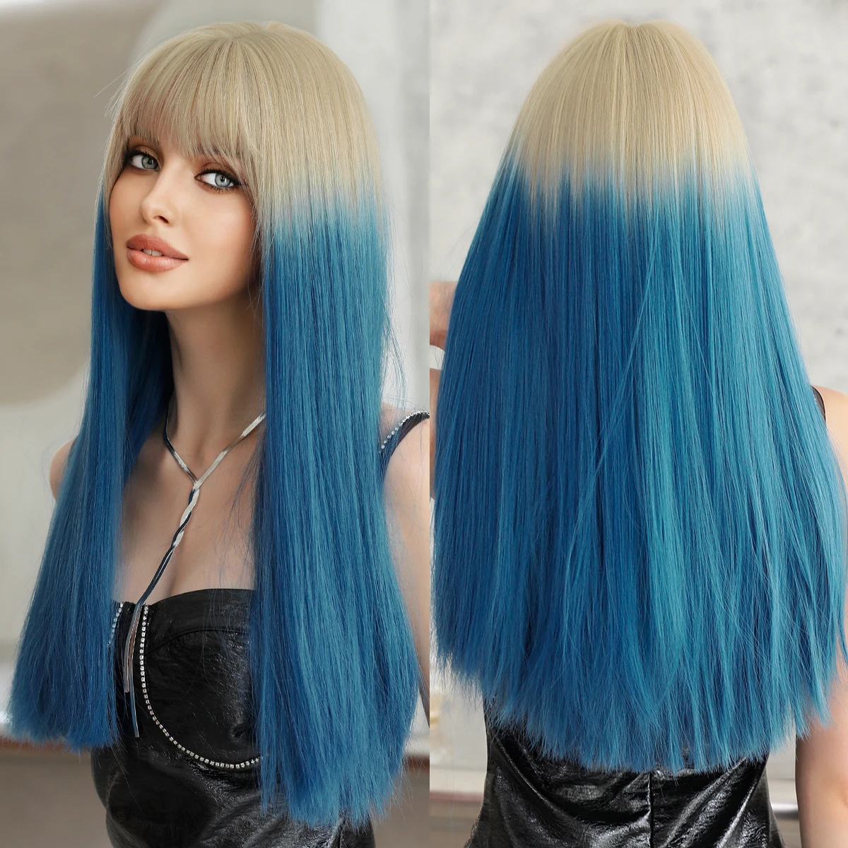 7JHH WIGS Long Straight Ombre Blue Blonde Wig for Women Daily