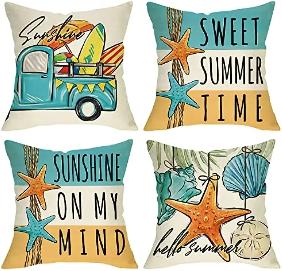 

Hello summer beach coastal decoration pillowcase sunshine starfish home decoration, ocean seasonal sofa cushion cover