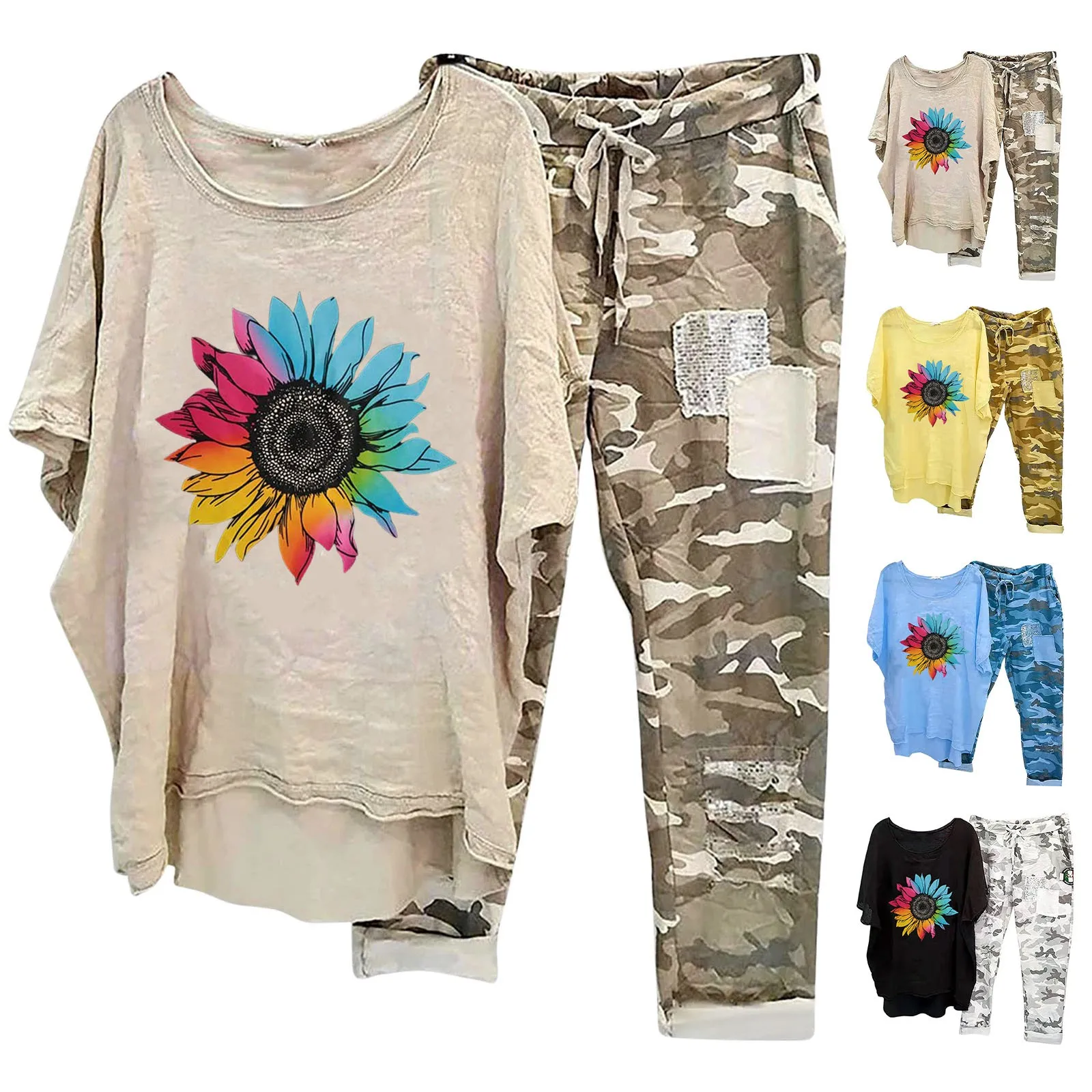 

Womens 2 Piece Cotton Linen Outfits Crewneck Travel Beach Sweatsuits Plus Size Loose Tops Wide Leg Jumpsuits for Women Elegant