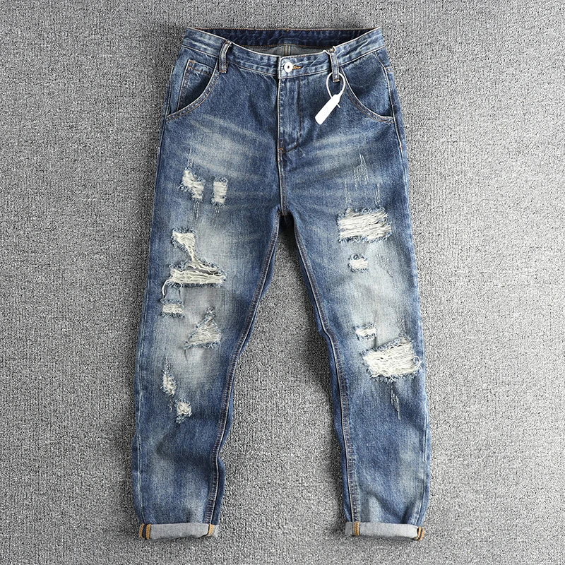 New heavy process wash worn out ripped jeans men slim straight leg