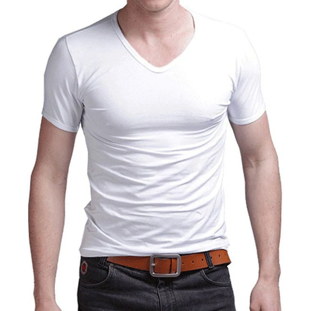 V neck men's T shirt solid color short sleeve 2023 fashionable new men