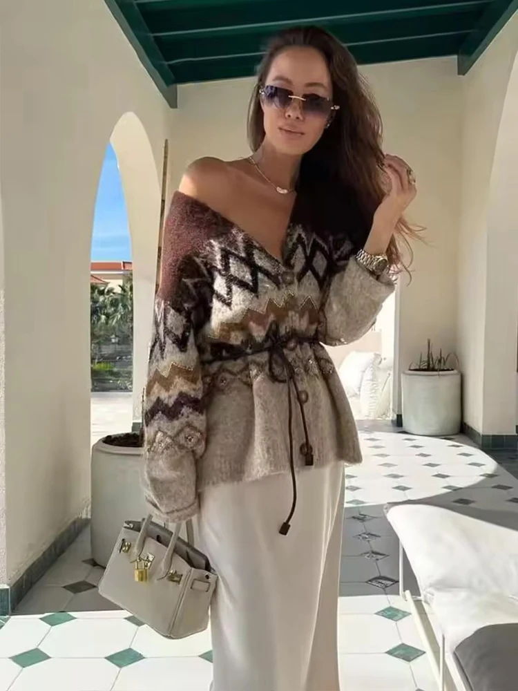 Women Knitted Midi Skirts Two Piece Sets 2025 New Fashion Jacquard Belt Knit Cardigan Women's Suits Autumn Winter Woman Outfits