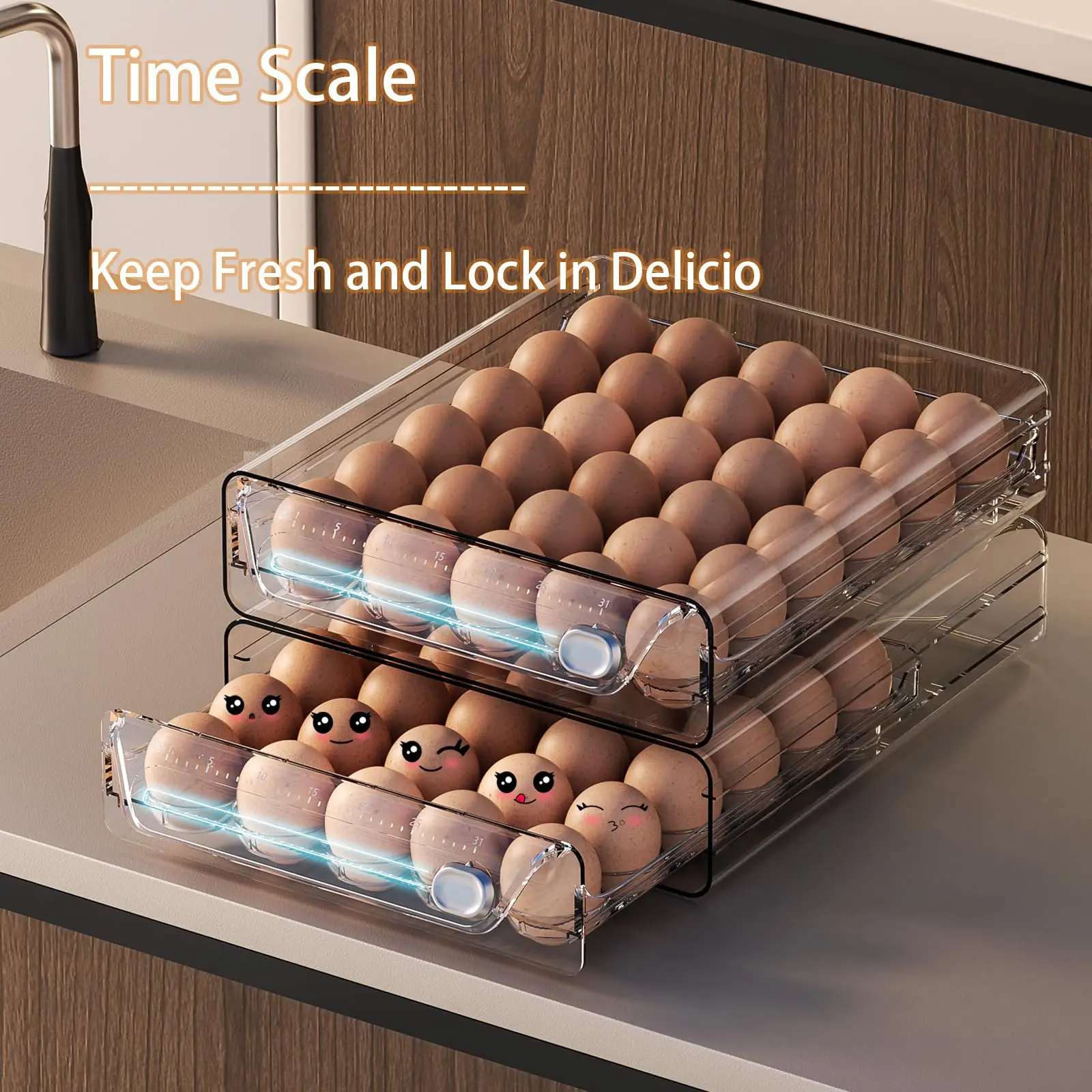 Description Picture 2 of itemEgg Holder for Refrigerator Drawer Organizer Clear Fresh Storage Box with Time Scale Large Capacity Tray