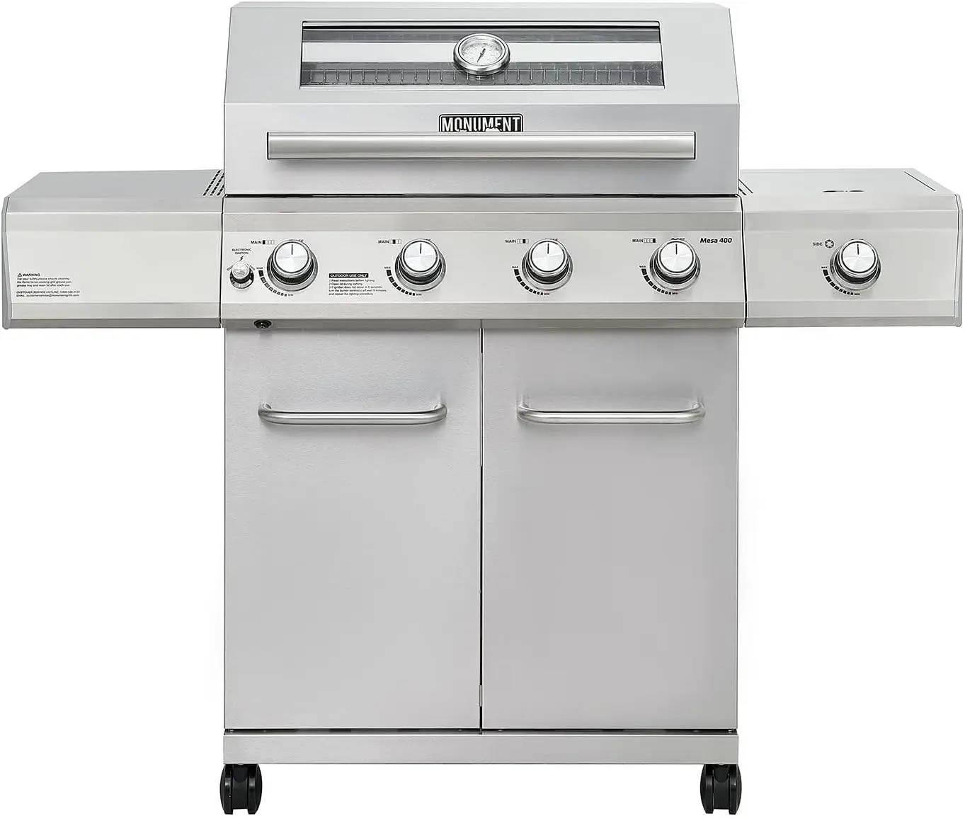 

Monument Grills Clearview Larger 4-Burner Propane Gas Grill Stainless Steel Heavy-Duty Cabinet Style with LED Controls