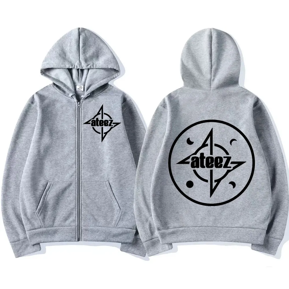 Boy Band Ateez Double Sided Print Zipper Hoodies Men Women Fashion Vintage Zip Up Pullovers Street Trend Hip Hop Zip Sweatshirts