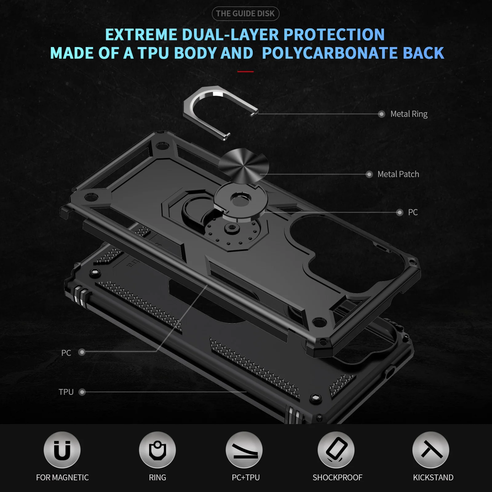 Durable Shockproof Phone Case with Metal Stand and Dual Layer Protection