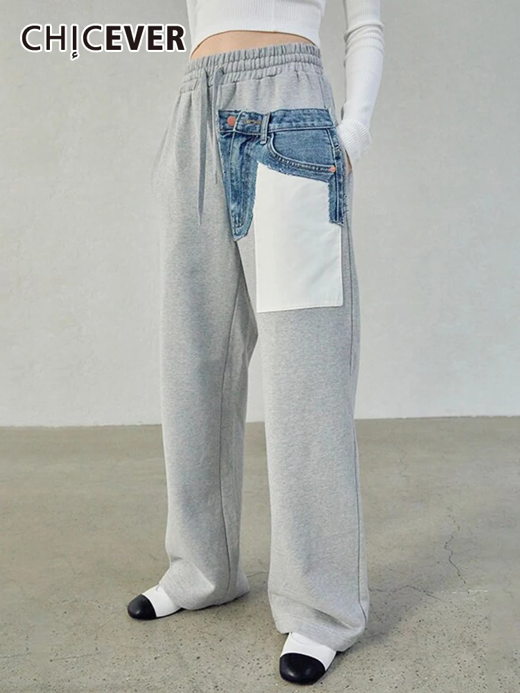 

GALCAUR Spliced Denim Pockets Straight Pants For Women High Waist Patchwork Drawstring Asymmetrical Colorblock Pant Female New