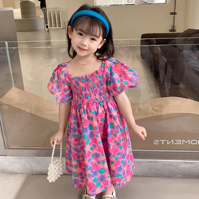 2023 Summer Cotton Dresses For Teen Girls Short Puff Sleeves Princess Party  Dress Cute Plaid Girls