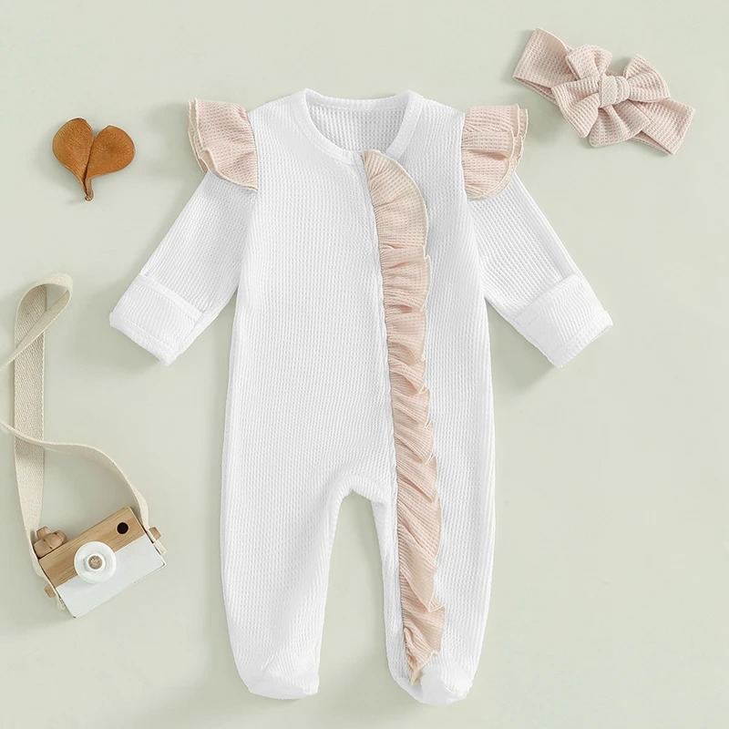 Baby Girl Fall Outfit Long Sleeve Zipped Footies Romper Jumpsuit and Headband Toddler Winter Clothes