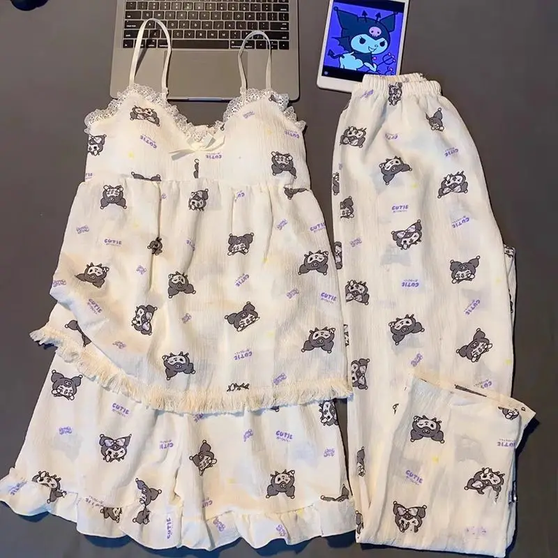 

Sanrio Kuromi Cartoon Hanging Pajamas Women's 2023 Summer Cartoon Shorts Cute Bubble Cotton Homewear Set